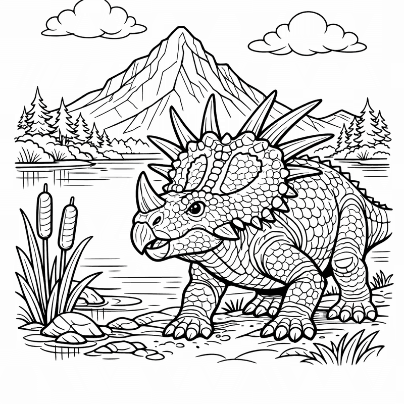 Free printable coloring page: Styracosaurus In Meadow, for ages 7-12