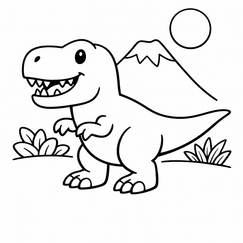 Free printable coloring page: T-rex And Volcano, for ages 3-6