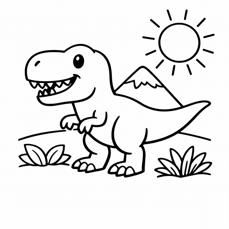 Free printable coloring page: T-rex And Volcano, for ages 3-6
