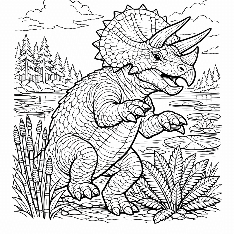 Free printable coloring page: Object Only: A Cute Triceratops With Clean Outlines,…, for ages 7-12