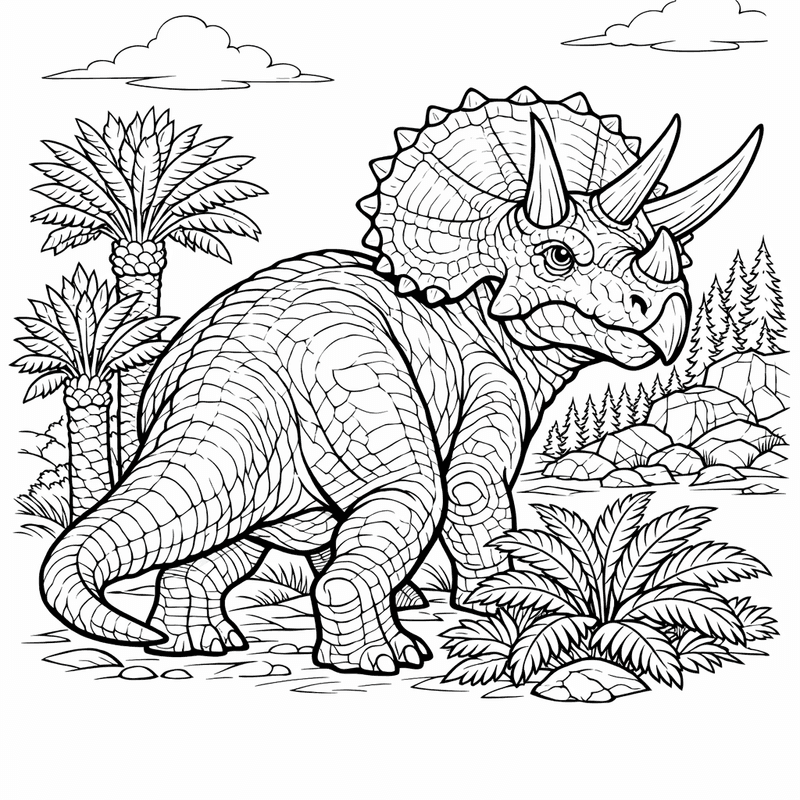 Free printable coloring page: Triceratops Fighting, for ages 7-12