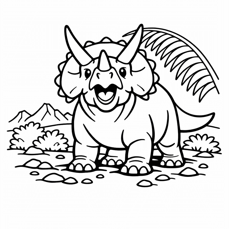 Free printable coloring page: Triceratops In Meadow, for ages 3-6
