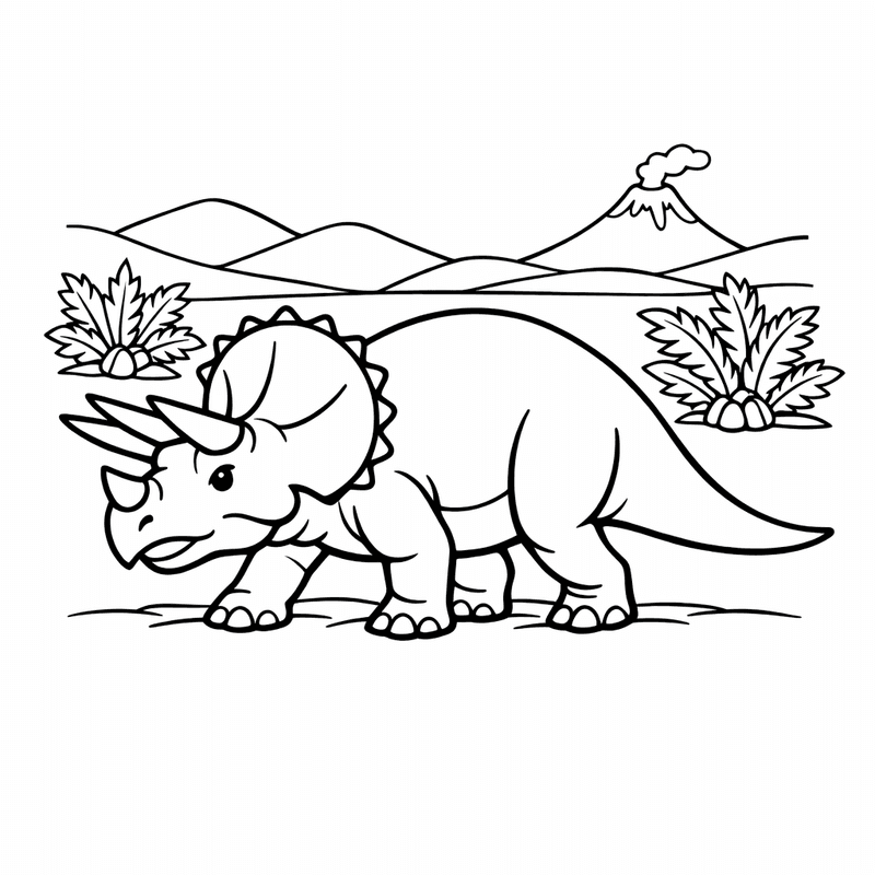 Free printable coloring page: Triceratops In Meadow, for ages 3-6