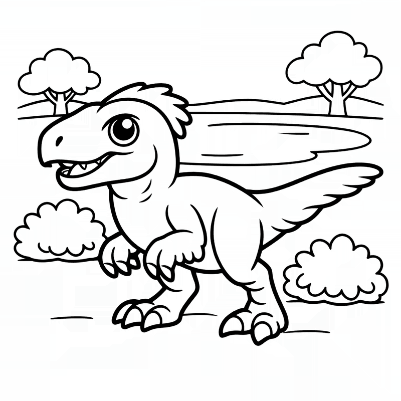 Free printable coloring page: Utahraptor In Forest, for ages 3-6