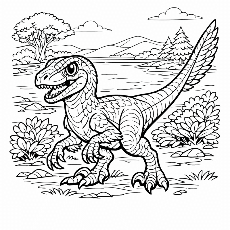 Free printable coloring page: Object Only: A Cute Velociraptor With Clean Outlines,…, for ages 7-12