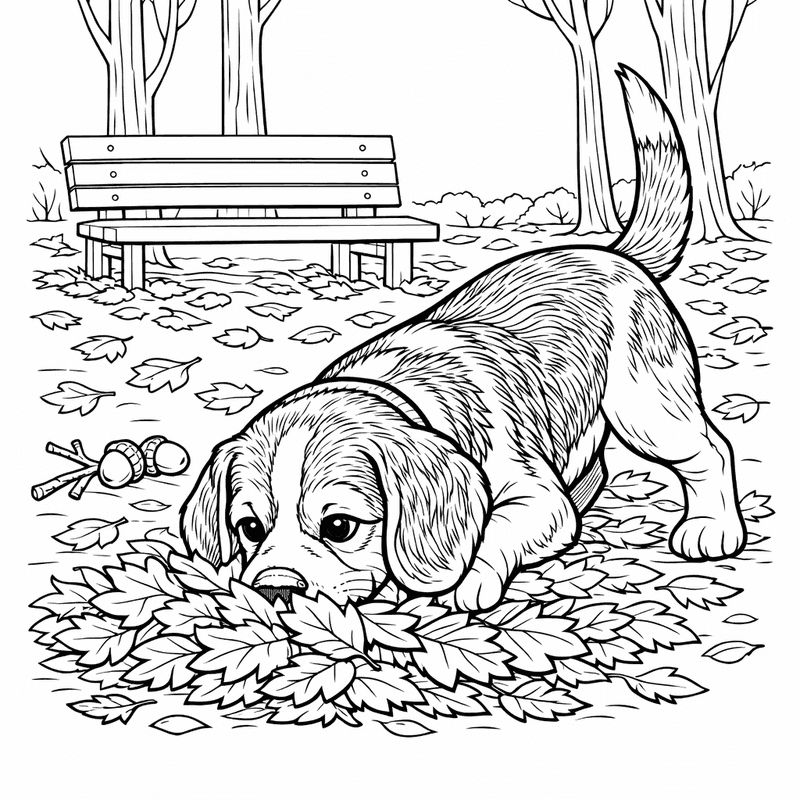 Free printable coloring page: A Beagle Puppy Sleeping In A Dog Bed, for ages 7-12