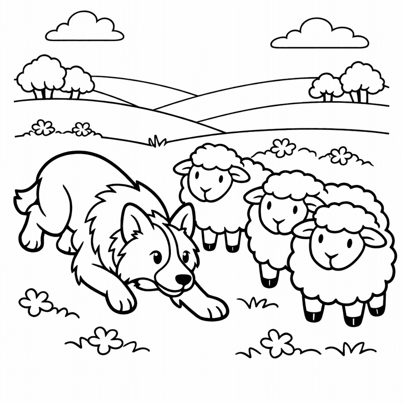 Border Collie Coloring Page — A Border Collie Herding Sheep In A Green…