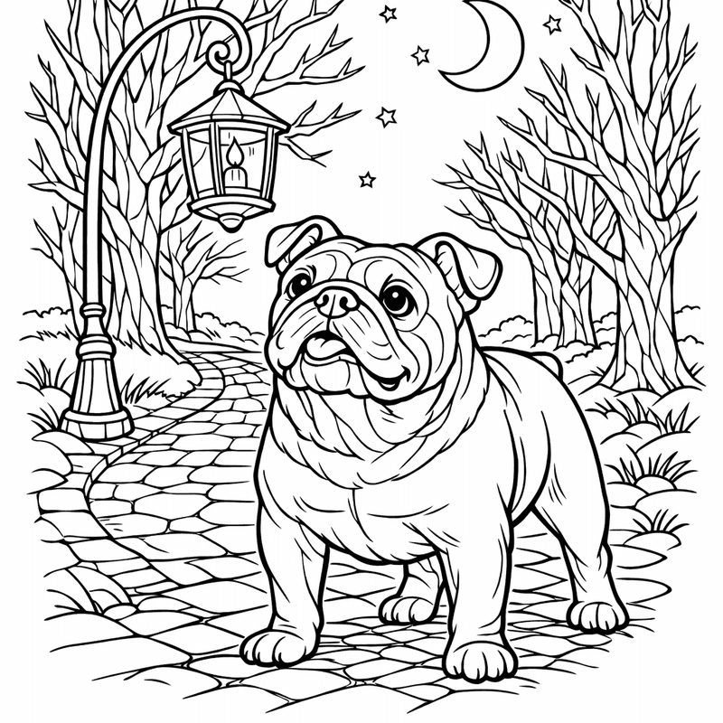 Free printable coloring page: A Bulldog Wearing A Tiny Sweater In Autumn, for ages 7-12