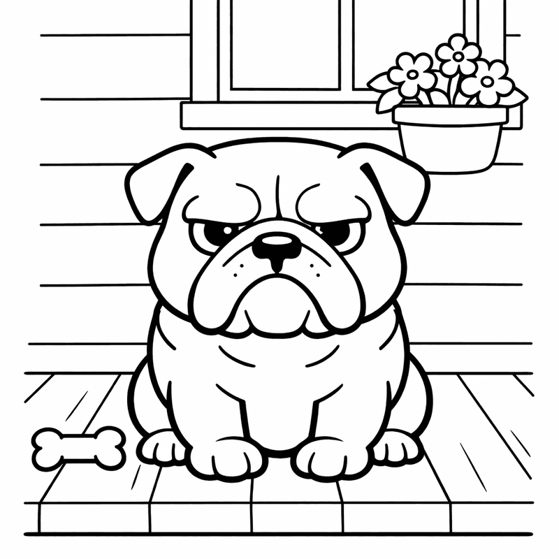 Free printable coloring page: A Bulldog Puppy Playing With A Rope Toy, for ages 3-6