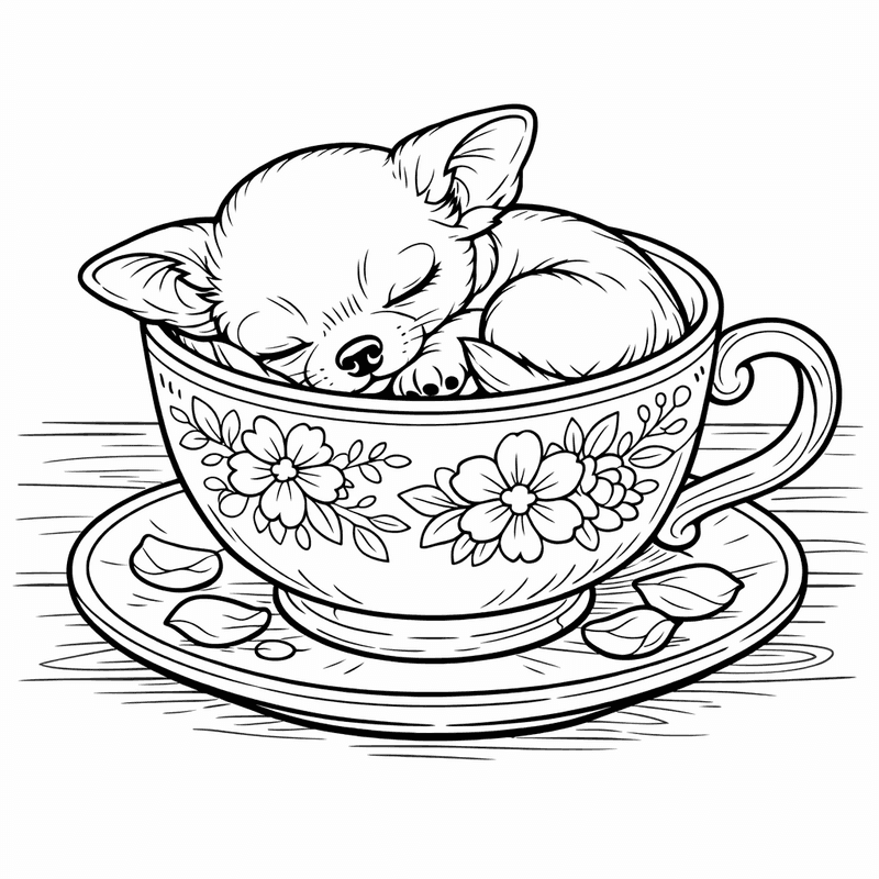 Chihuahua Coloring Page — A Chihuahua Puppy Curled Up In A Teacup