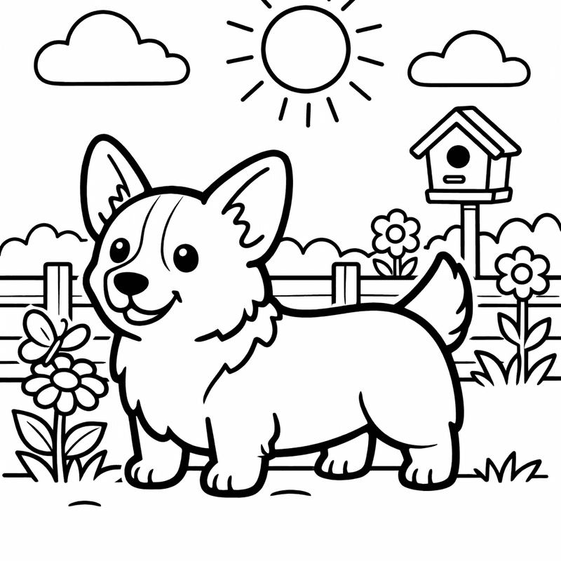 Free printable coloring page: A Corgi Sitting With Its Signature Smile And Fluffy Butt, for ages 3-6