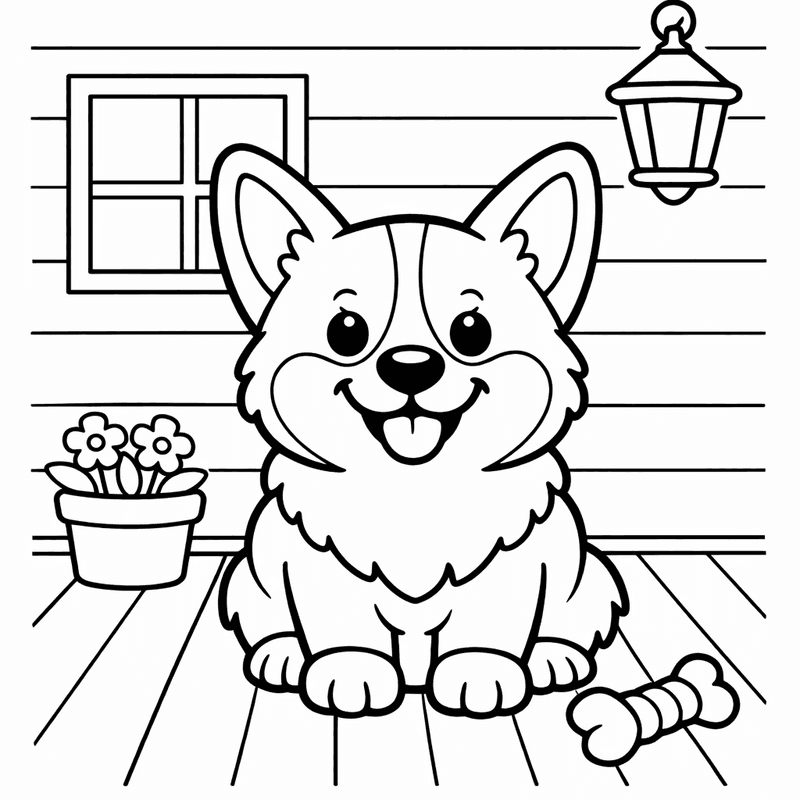 Free printable coloring page: A Corgi With Short Legs Running Through A Field Of Flowers, for ages 3-6