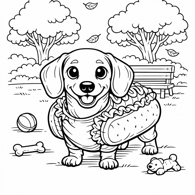 Free printable coloring page: A Long-haired Dachshund Walking Through Autumn Leaves, for ages 7-12