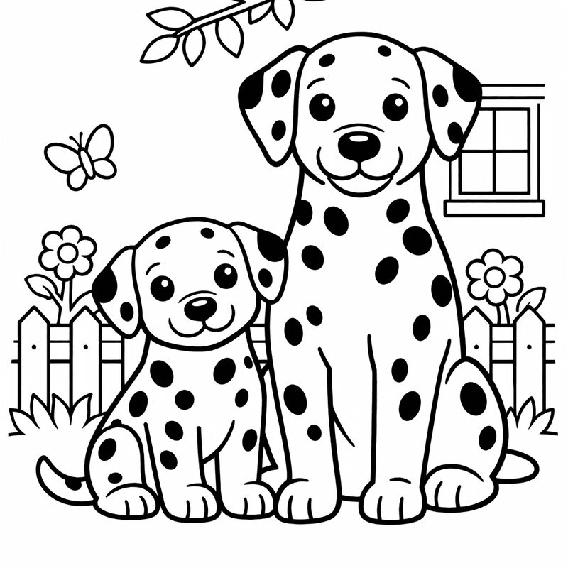 Free printable coloring page: A Dalmatian Puppy And Its Mother With Matching Spots, for ages 3-6