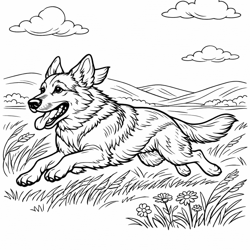 Free printable coloring page: A German Shepherd Sitting Alert With Ears Pointed…, for ages 7-12