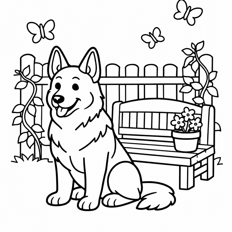 Free printable coloring page: A German Shepherd Puppy Playing With A Ball In A Yard, for ages 3-6