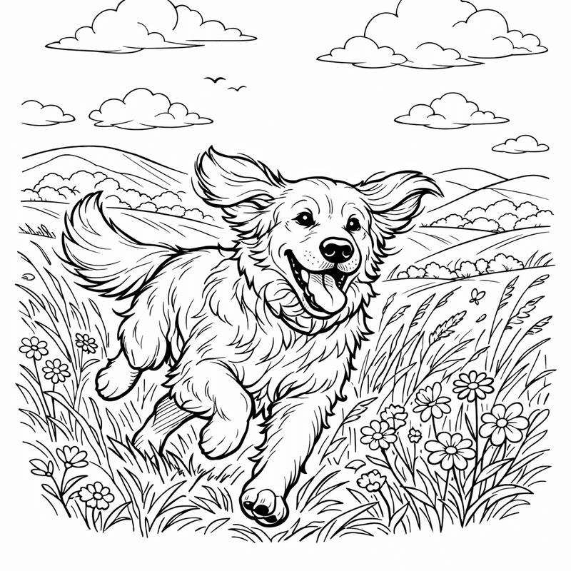 Free printable coloring page: A Golden Retriever Running Through A Meadow With Ears Flapping, for ages 7-12