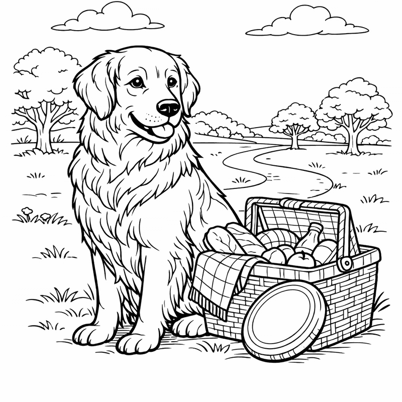 Free printable coloring page: A Golden Retriever Playing Fetch In A Park…, for ages 7-12