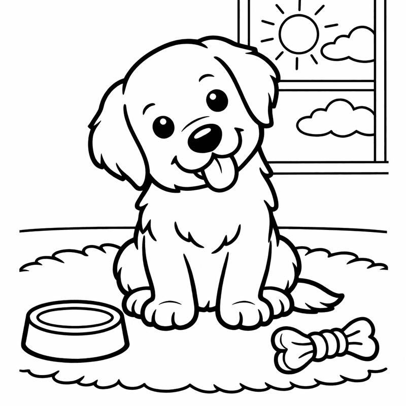 Free printable coloring page: A Golden Retriever Puppy Sitting With Head Tilted And Tongue Out, for ages 3-6