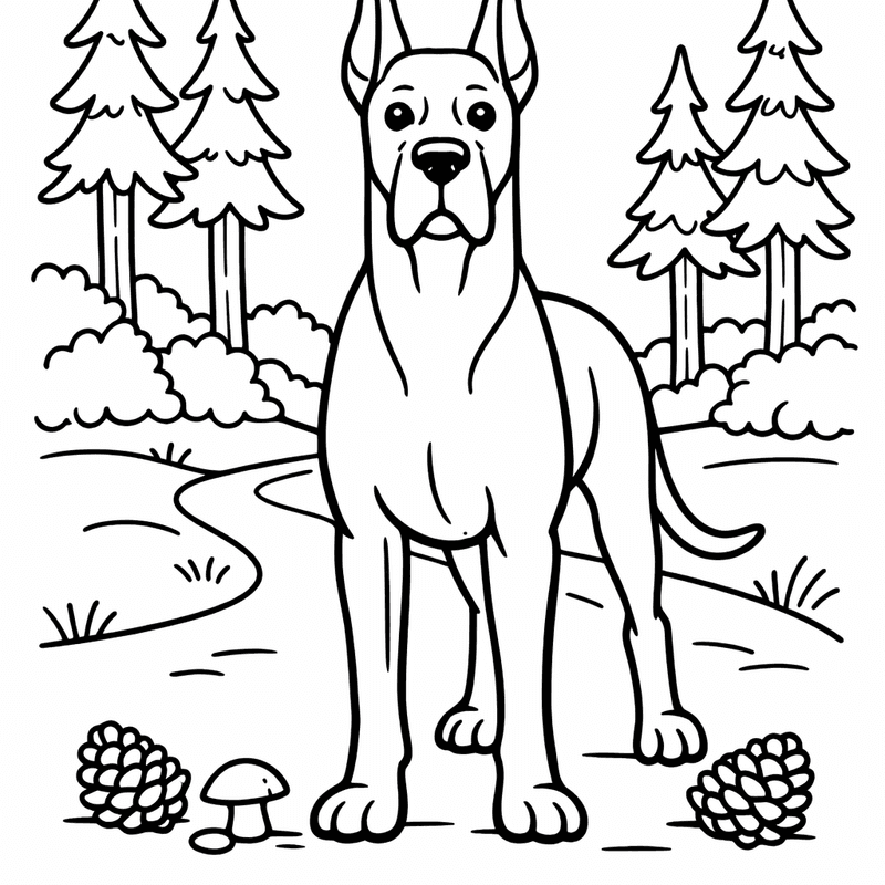Free printable coloring page: A Great Dane Puppy Tripping Over Its Own Long Legs, for ages 3-6