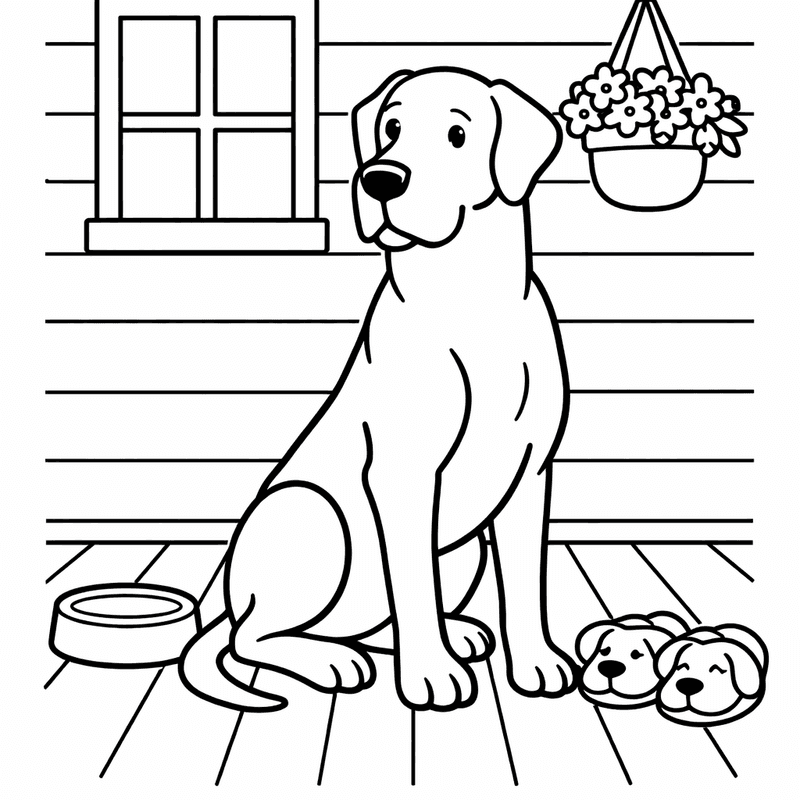 Free printable coloring page: A Great Dane Puppy With Oversized Paws Sitting Awkwardly, for ages 3-6