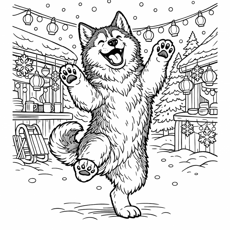 Free printable coloring page: Object Only: Two Husky Puppies Playing In Snow,…, for ages 7-12