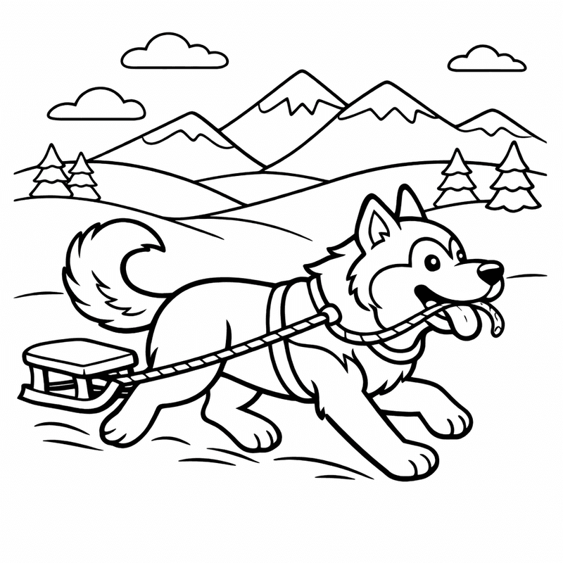 Free printable coloring page: A Husky Lying In Snow With Tongue Out Looking Happy, for ages 3-6