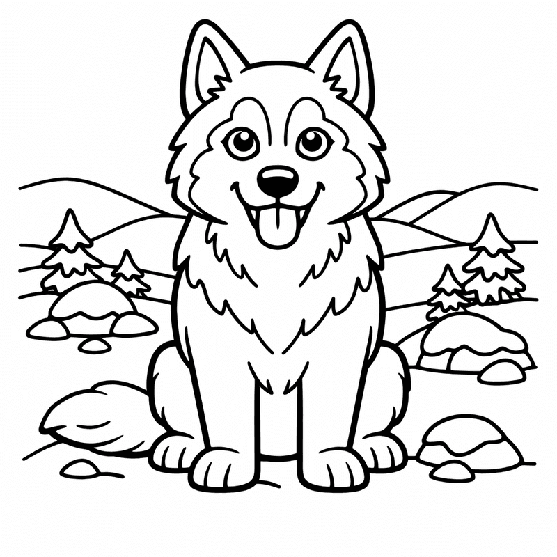 Free printable coloring page: A Husky Running Through Snow Pulling A Small Sled, for ages 3-6