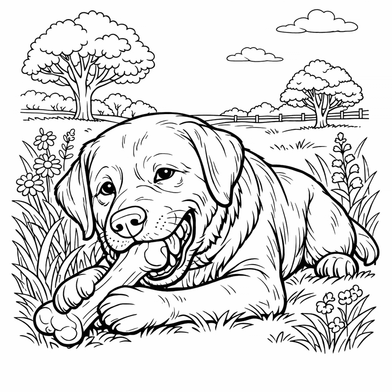 Free printable coloring page: A Labrador Puppy Playing With A Rubber Duck…, for ages 7-12