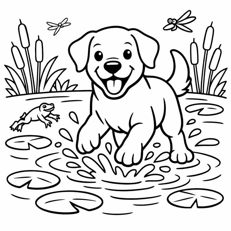 Free printable coloring page: A Chocolate Labrador Lying In Grass Chewing A Bone, for ages 3-6
