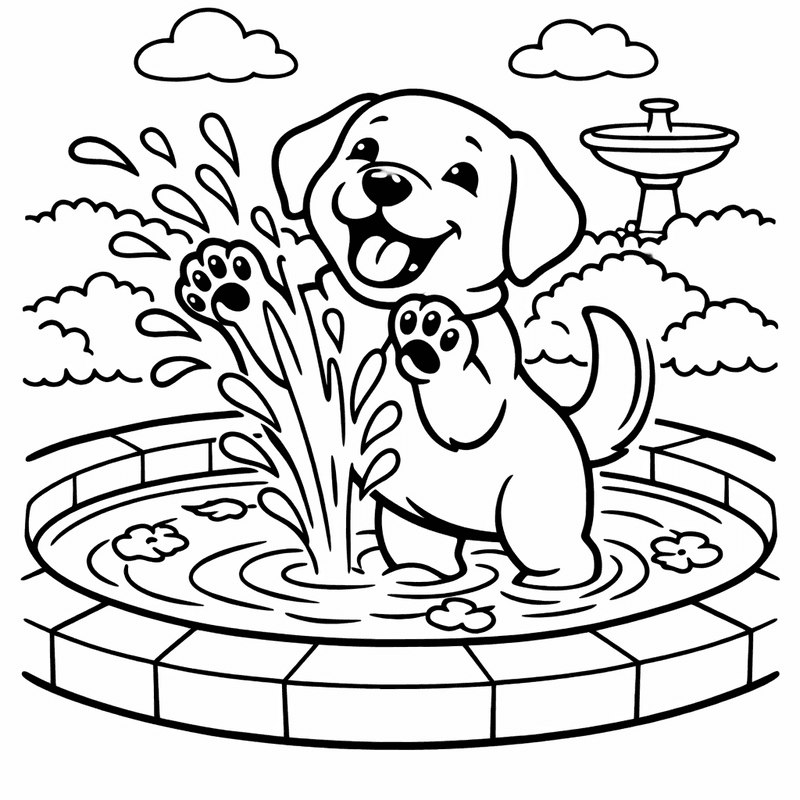 Free printable coloring page: A Labrador Retriever Playing In Water Splashing Happily, for ages 3-6