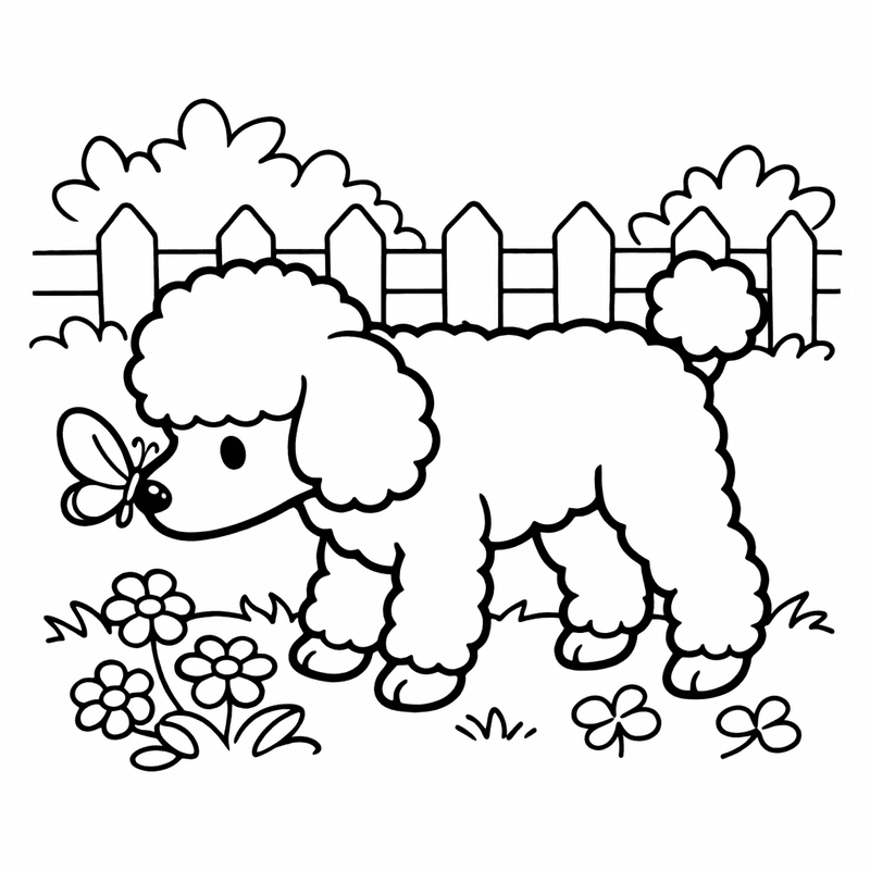 Free printable coloring page: A Poodle Puppy With Curly Fur Bouncing Through Flowers, for ages 3-6