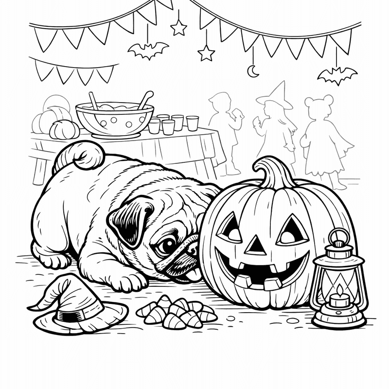 Free printable coloring page: A Pug Puppy Tilting Its Head With Big…, for ages 7-12