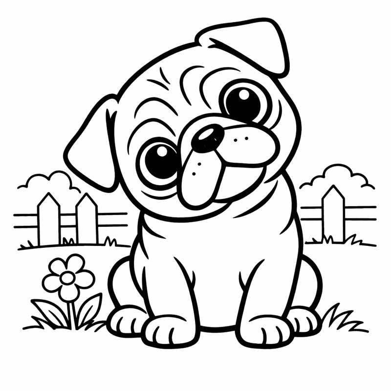 Free printable coloring page: A Pug Playing With A Squeaky Toy, for ages 3-6