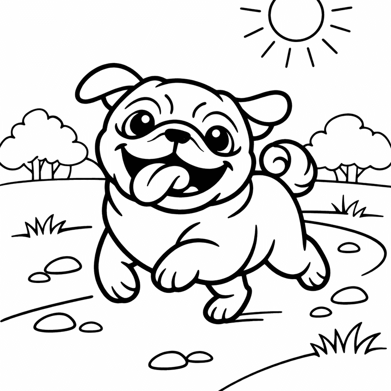 Free printable coloring page: A Pug Running In A Park With Its Curly Tail Bouncing, for ages 3-6