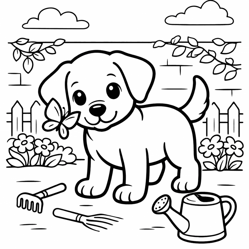 Free printable coloring page: Three Different Breed Puppies Playing Together In A Park, for ages 3-6
