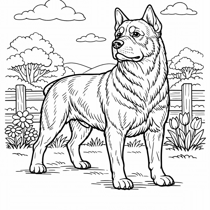 Free printable coloring page: A Rottweiler Standing Alert With Ears Perked, for ages 7-12