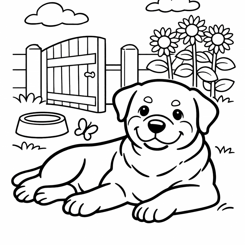 Free printable coloring page: A Rottweiler Puppy Playing With A Chew Toy, for ages 3-6