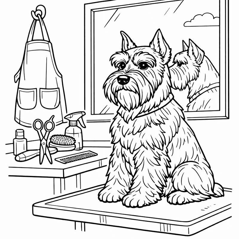Free printable coloring page: A Schnauzer Lying By A Fireplace On A…, for ages 7-12