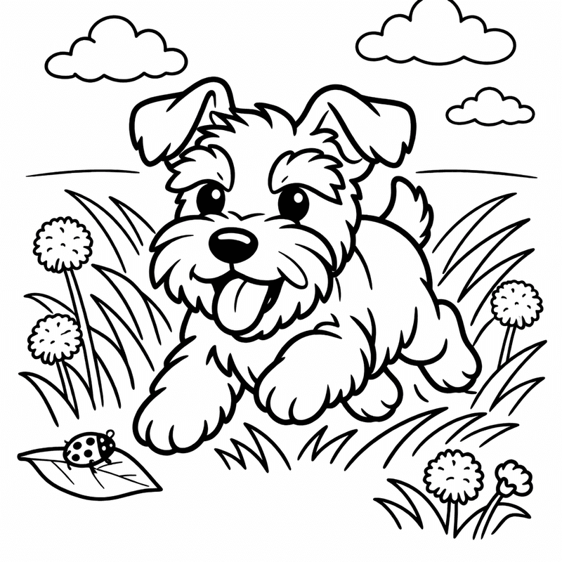 Free printable coloring page: A Miniature Schnauzer Puppy Running Through Grass, for ages 3-6