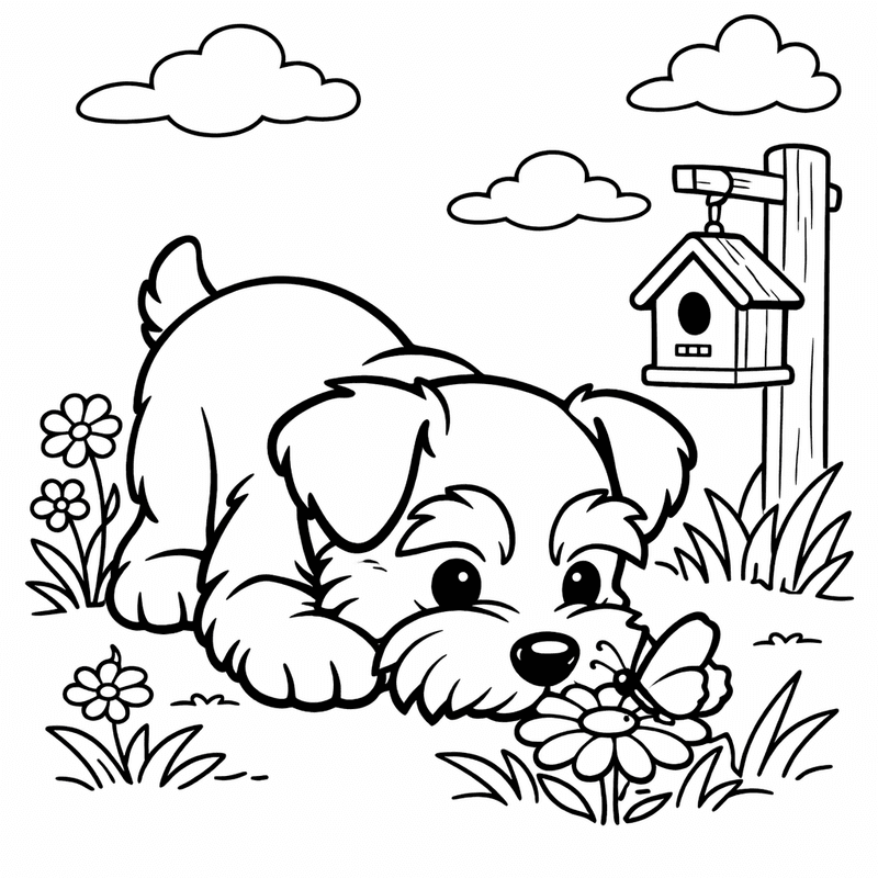 Free printable coloring page: A Schnauzer Standing Alert With One Paw Raised, for ages 3-6
