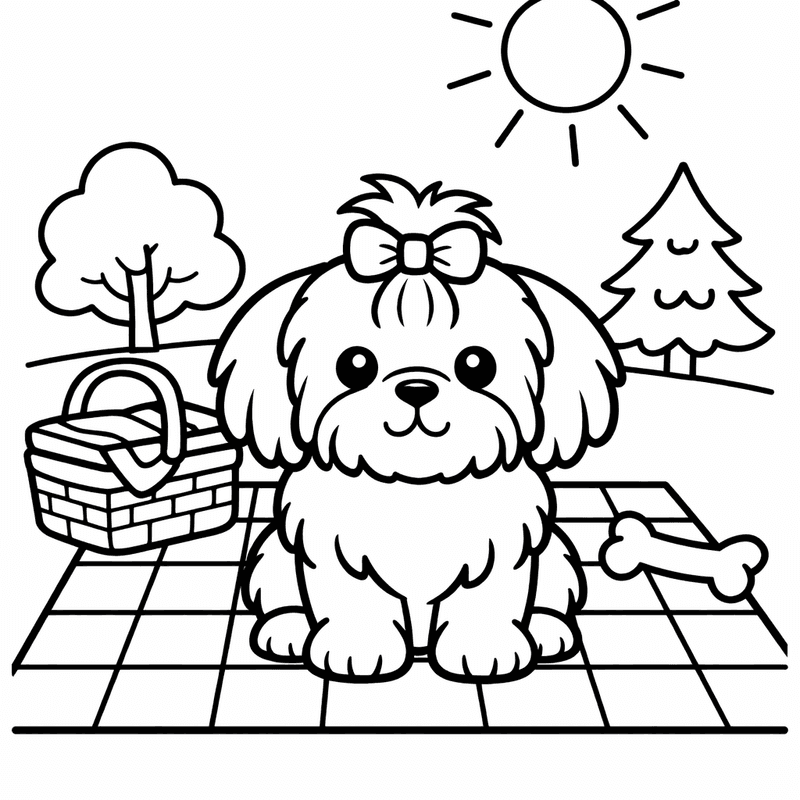 Free printable coloring page: A Shih Tzu Getting Groomed With A Tiny Brush, for ages 3-6