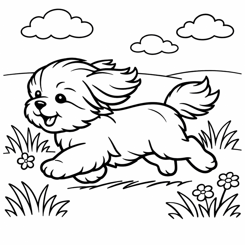 Free printable coloring page: A Shih Tzu With A Topknot Bow Sitting On A Cushion, for ages 3-6