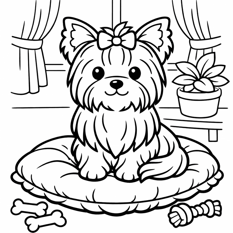 Free printable coloring page: A Yorkshire Terrier Prancing Through A Garden, for ages 3-6