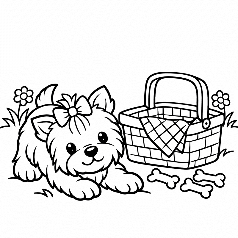 Free printable coloring page: A Yorkie With A Topknot Sitting On A Velvet Pillow, for ages 3-6
