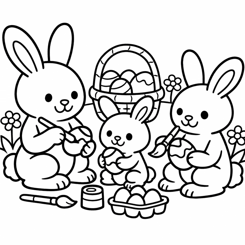 Free printable coloring page: Object Only: Two Or Three Bunny Familys Side By Side, Simple And Adorable, No Background, for ages 3-6