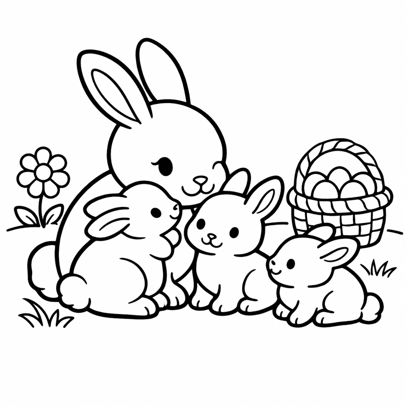 Free printable coloring page: Two Bunnies Sharing A Giant Carrot, for ages 3-6
