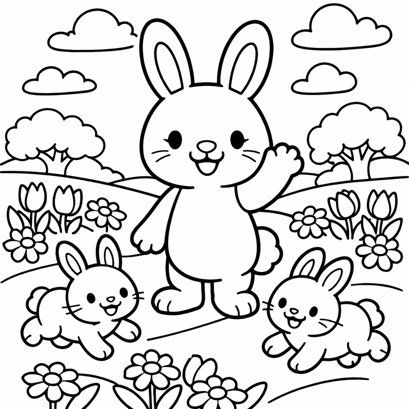 Free printable coloring page: A Mother Bunny With Three Baby Bunnies In A Meadow, for ages 3-6