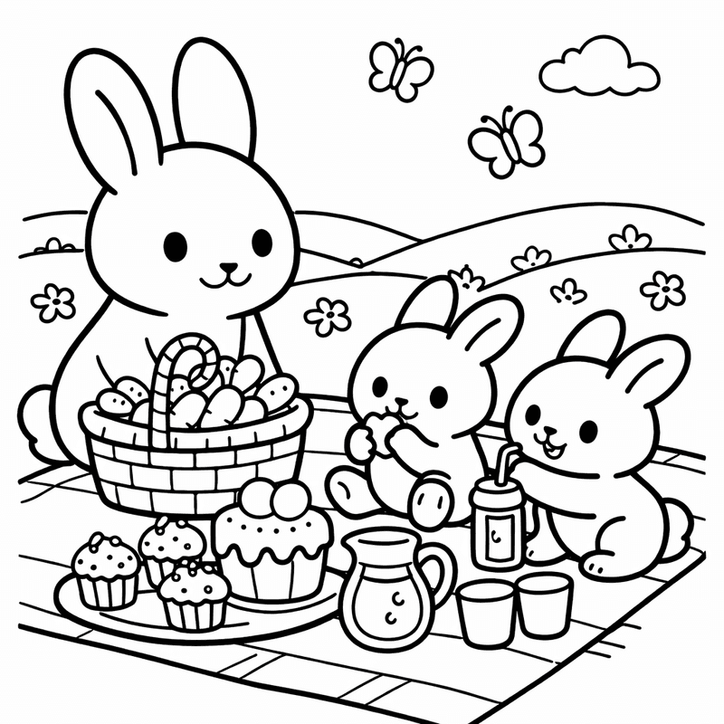 Free printable coloring page: A Bunny Family Having A Picnic On Easter Morning, for ages 3-6