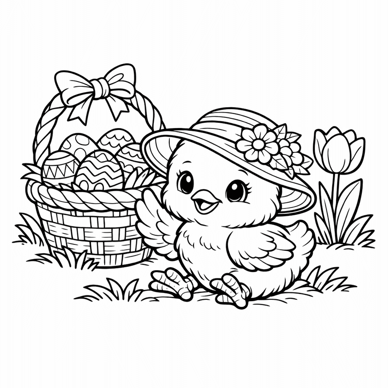 Free printable coloring page: A Baby Chick Hatching From An Egg With Shell Pieces Around, for ages 7-12